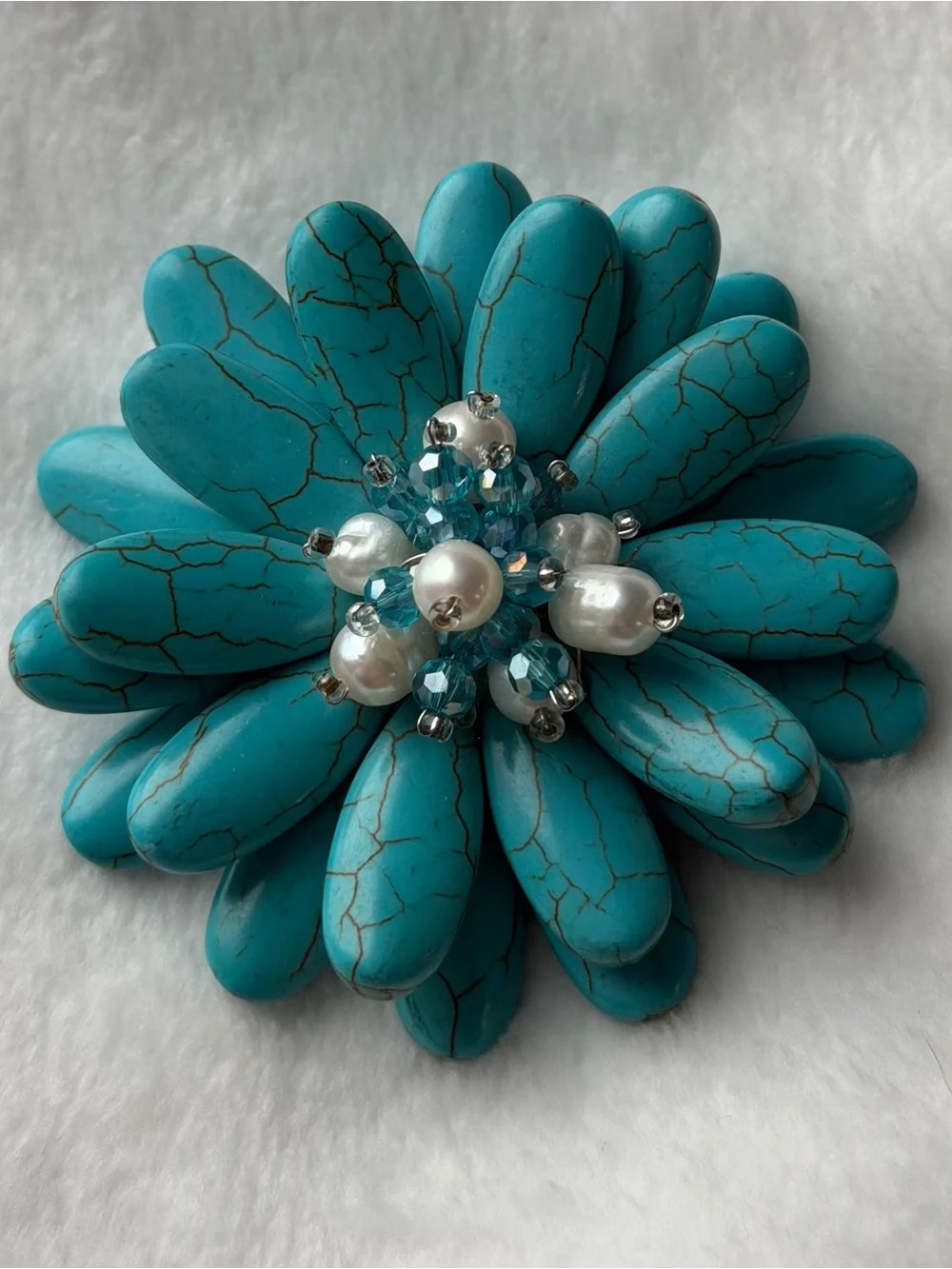 Handmade Double Sunflower Turquoise and White Pearl Floral Pin/Brooch